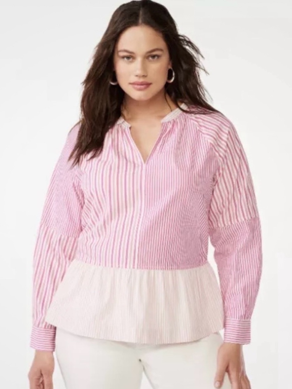 Striped Peplum Button Cuff Blouse - Pink & White - Picture 2 of 9